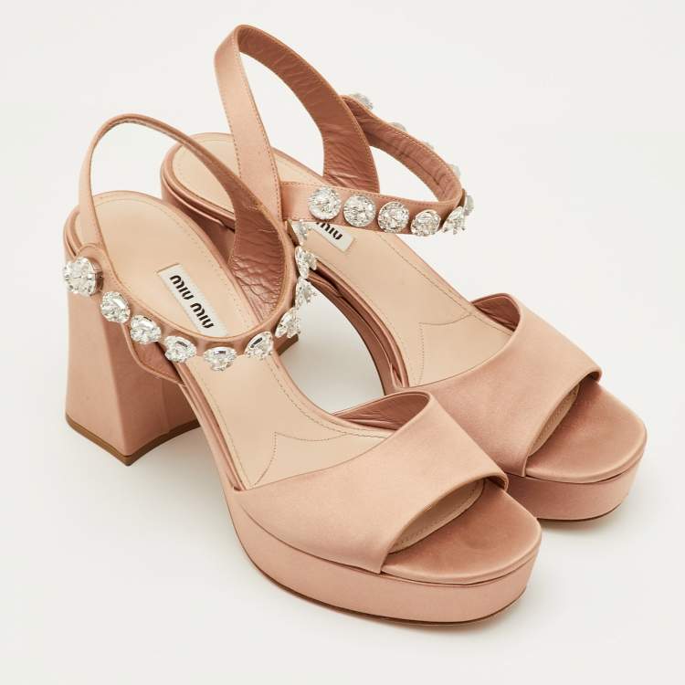 Pre Owned Miu Miu Size 41 Beige Crystals Embellished Satin Block Heel Platform Sandals