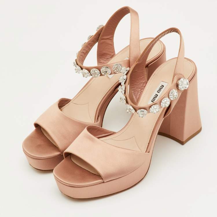 Pre Owned Miu Miu Size 41 Beige Crystals Embellished Satin Block Heel Platform Sandals