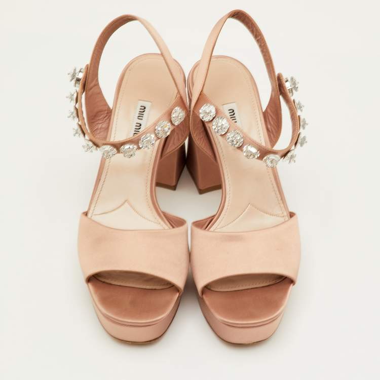 Pre Owned Miu Miu Size 41 Beige Crystals Embellished Satin Block Heel Platform Sandals