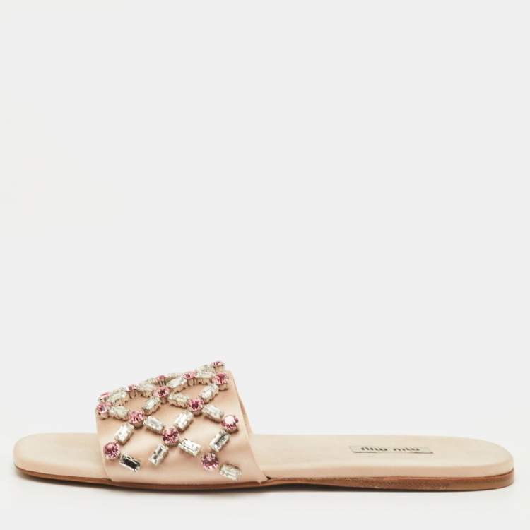 Pre Owned Miu Miu Size 37.5 Beige Crystal Embellished Satin Flat Sandals