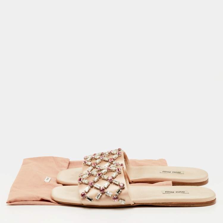 Pre Owned Miu Miu Size 37.5 Beige Crystal Embellished Satin Flat Sandals