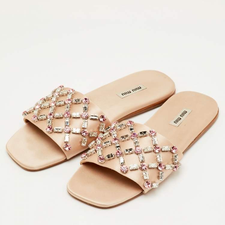 Pre Owned Miu Miu Size 37.5 Beige Crystal Embellished Satin Flat Sandals