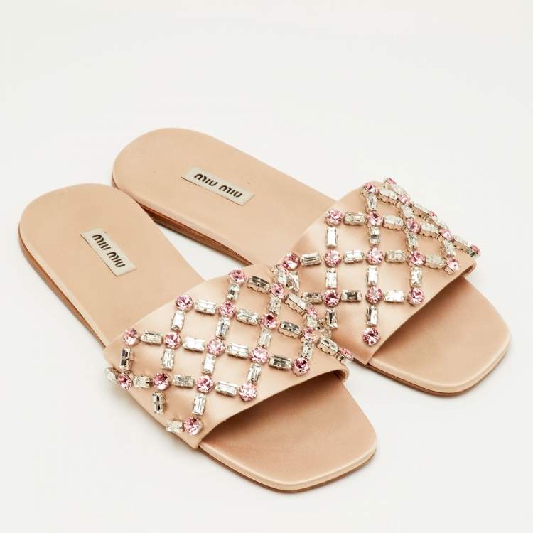 Pre Owned Miu Miu Size 37.5 Beige Crystal Embellished Satin Flat Sandals