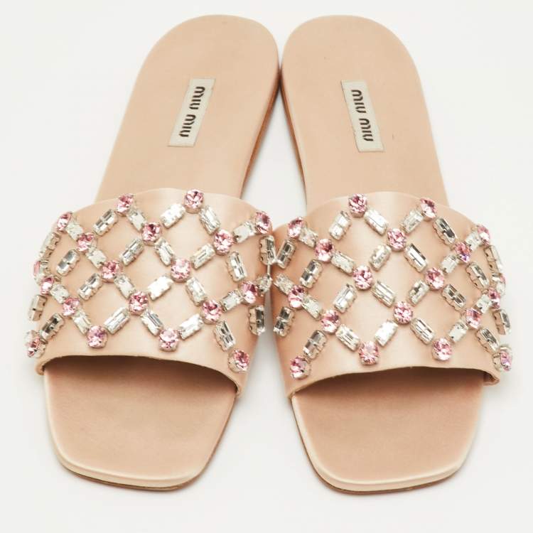 Pre Owned Miu Miu Size 37.5 Beige Crystal Embellished Satin Flat Sandals