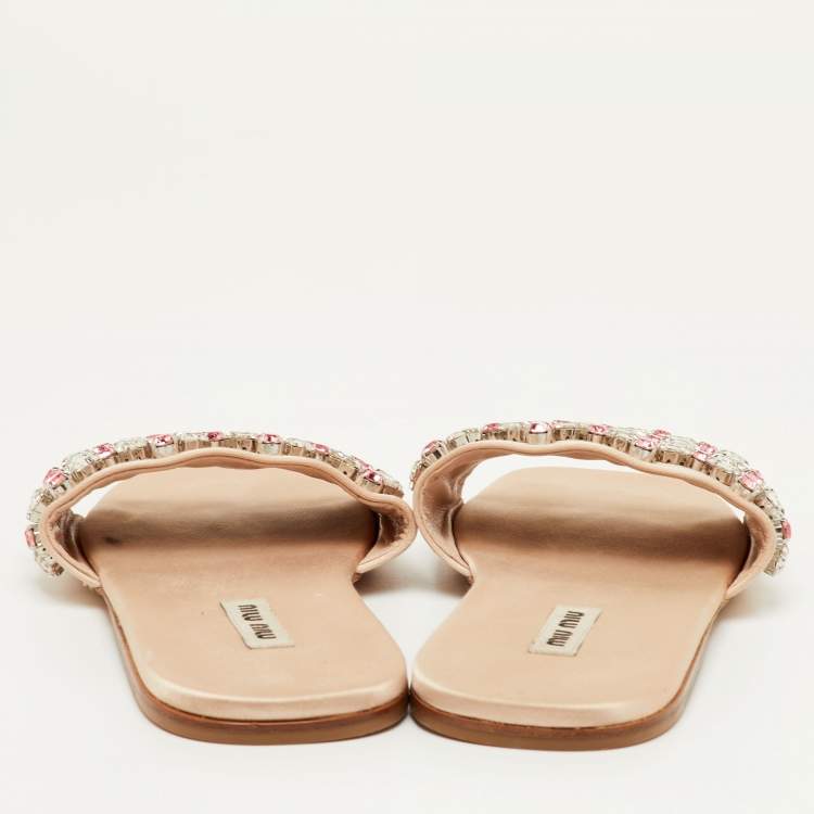Pre Owned Miu Miu Size 37.5 Beige Crystal Embellished Satin Flat Sandals