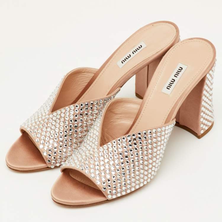 Pre Owned Miu Miu Size 40 Beige Crystal Embellished Heel Satin Mules