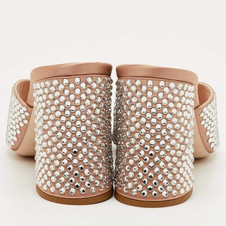 Pre Owned Miu Miu Size 40 Beige Crystal Embellished Heel Satin Mules