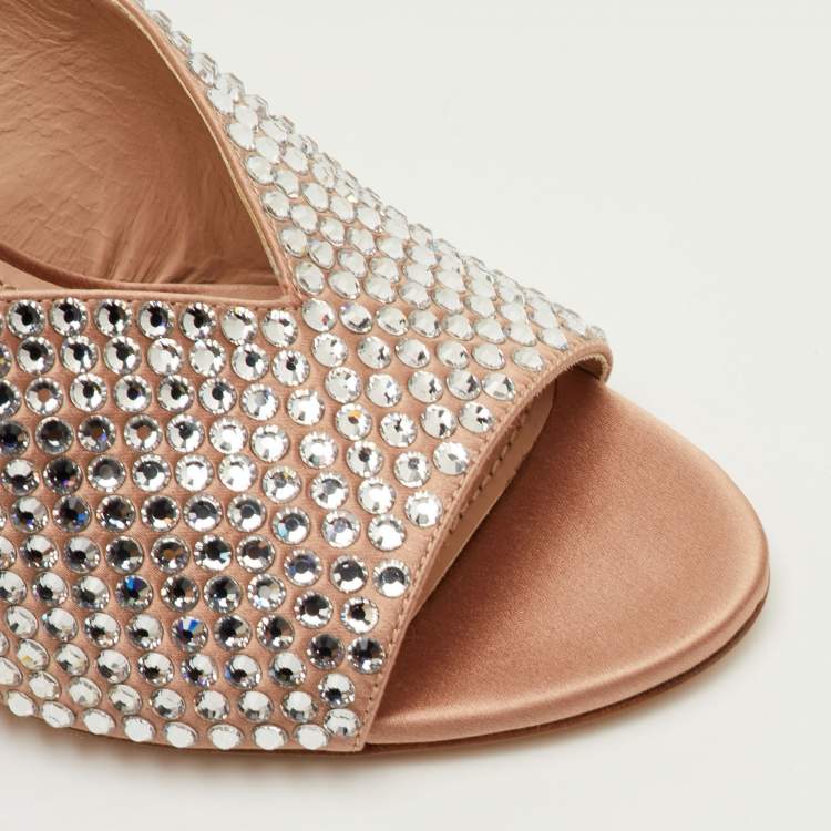 Pre Owned Miu Miu Size 40 Beige Crystal Embellished Heel Satin Mules