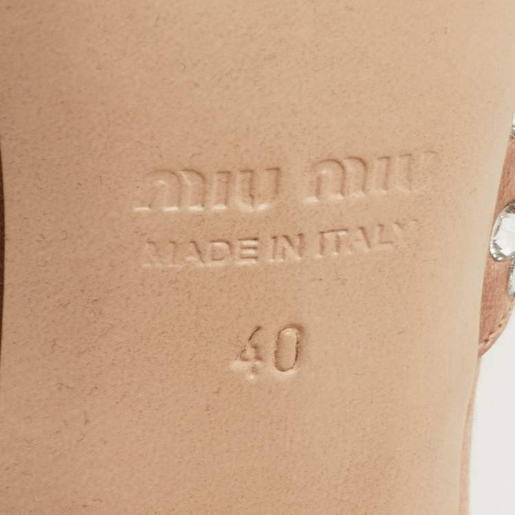 Pre Owned Miu Miu Size 40 Beige Crystal Embellished Heel Satin Mules