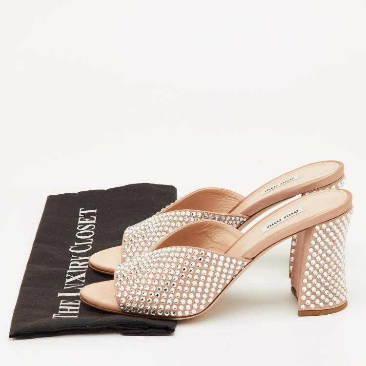 Pre Owned Miu Miu Size 40 Beige Crystal Embellished Heel Satin Mules
