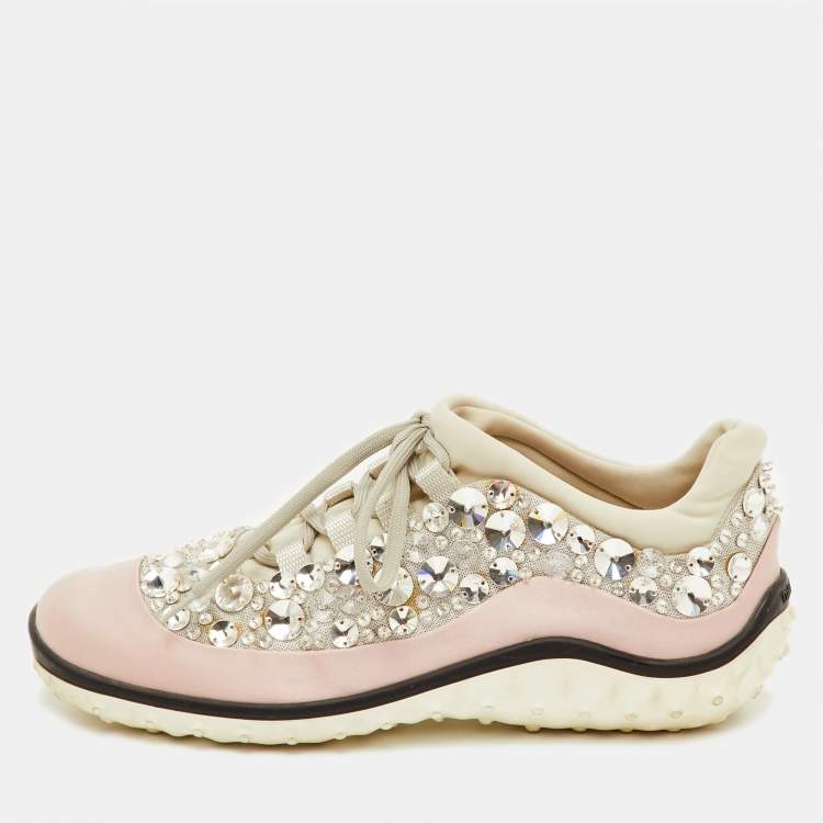 Pre Owned Miu Miu Astro Size 38 Light Pink/Grey Fabric Crystal Embellished Low Top Sneakers