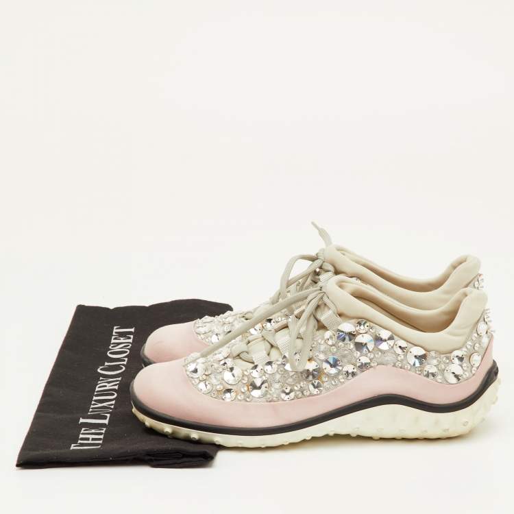 Pre Owned Miu Miu Astro Size 38 Light Pink/Grey Fabric Crystal Embellished Low Top Sneakers