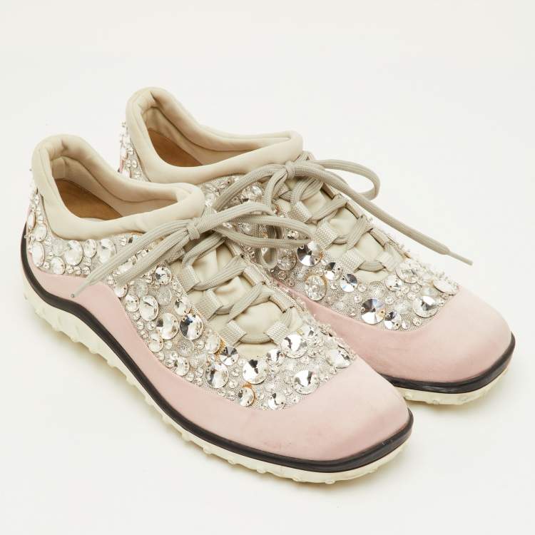 Pre Owned Miu Miu Astro Size 38 Light Pink/Grey Fabric Crystal Embellished Low Top Sneakers
