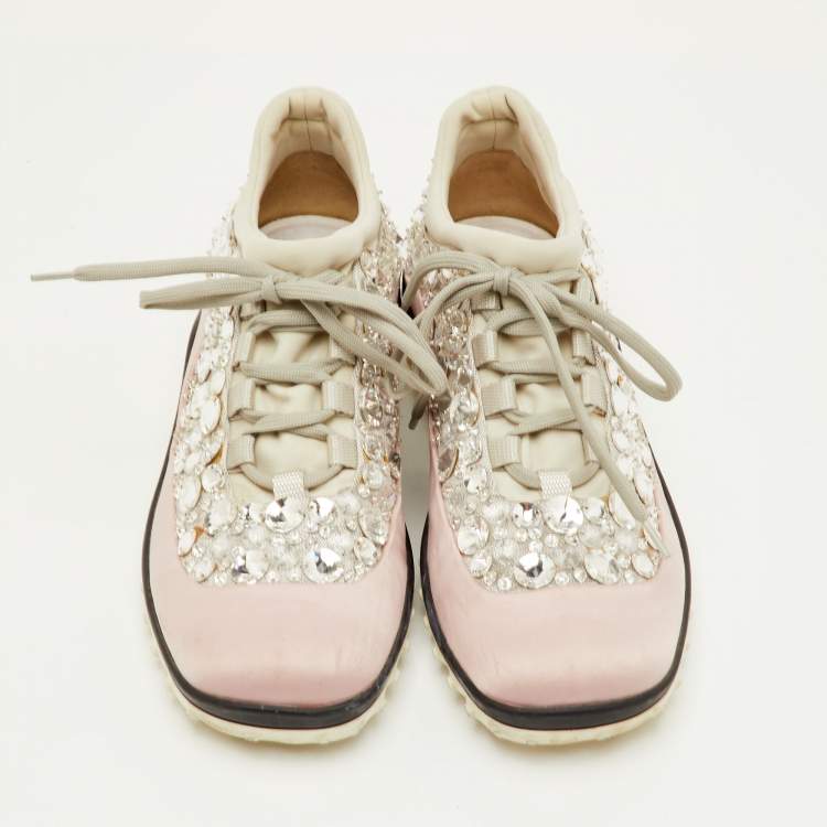 Pre Owned Miu Miu Astro Size 38 Light Pink/Grey Fabric Crystal Embellished Low Top Sneakers
