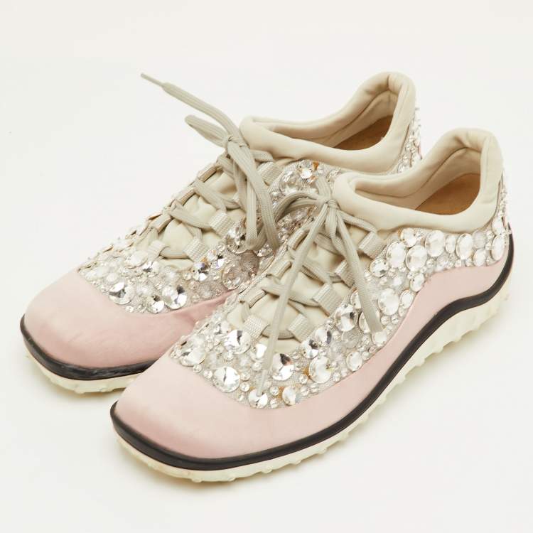 Pre Owned Miu Miu Astro Size 38 Light Pink/Grey Fabric Crystal Embellished Low Top Sneakers