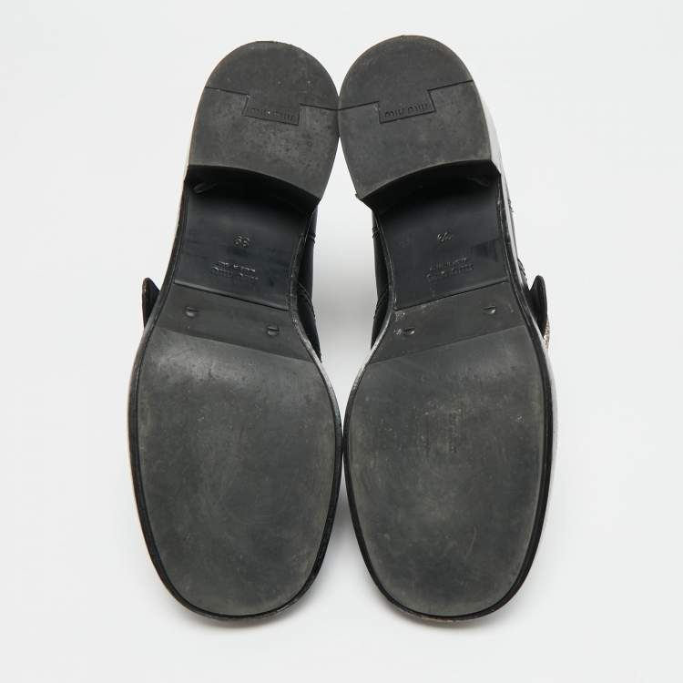 Pre Owned Miu Miu Size 39 Black Leather Crystal Embellished Buckle Ankle Length Boots