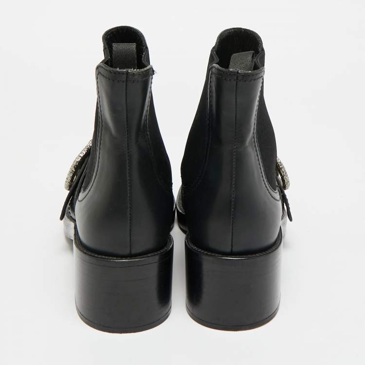 Pre Owned Miu Miu Size 39 Black Leather Crystal Embellished Buckle Ankle Length Boots