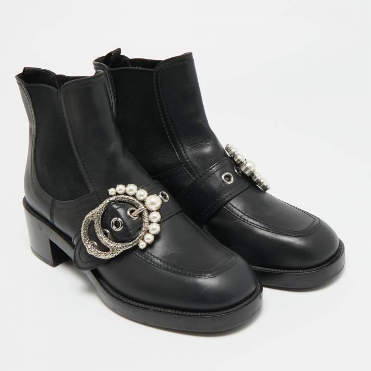 Pre Owned Miu Miu Size 39 Black Leather Crystal Embellished Buckle Ankle Length Boots