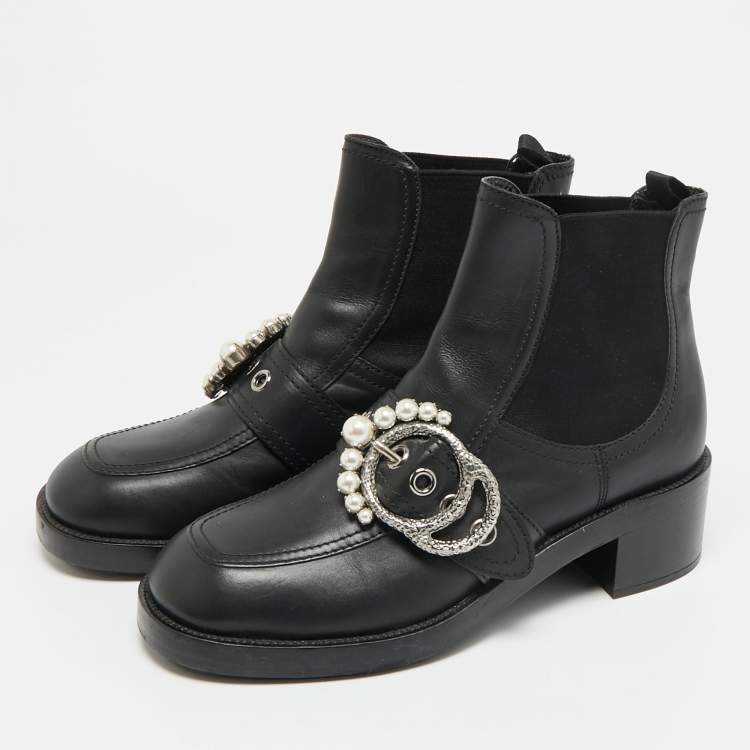 Pre Owned Miu Miu Size 39 Black Leather Crystal Embellished Buckle Ankle Length Boots