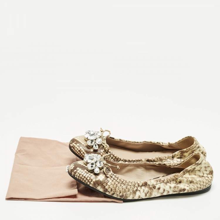 Pre Owned Miu Miu Size 41 Brown/Beige  Python Embossed  Crystal Embellished Scrunch Ballet Flats