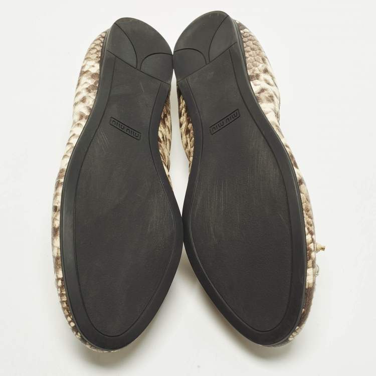 Pre Owned Miu Miu Size 41 Brown/Beige  Python Embossed  Crystal Embellished Scrunch Ballet Flats
