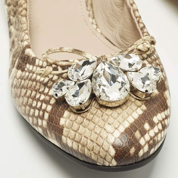 Pre Owned Miu Miu Size 41 Brown/Beige  Python Embossed  Crystal Embellished Scrunch Ballet Flats