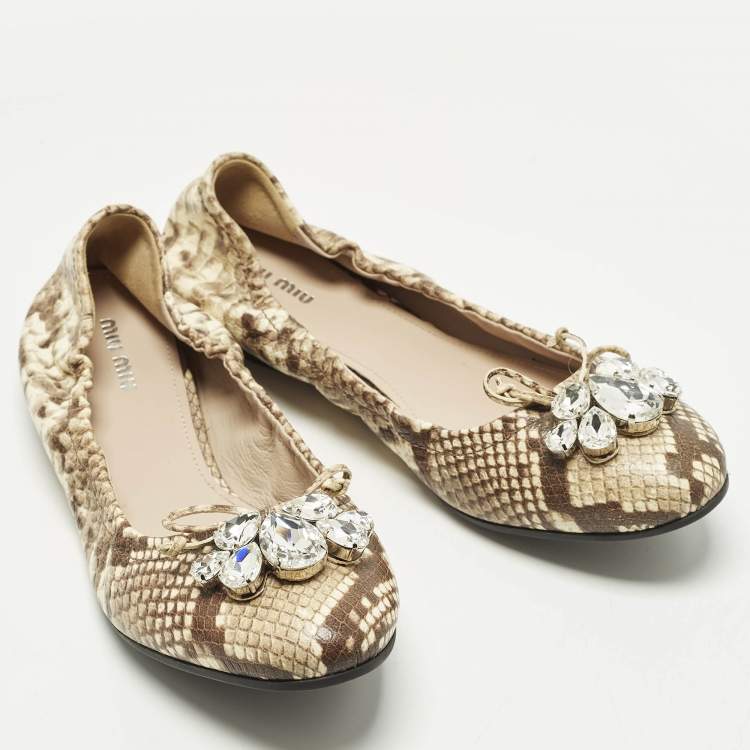 Pre Owned Miu Miu Size 41 Brown/Beige  Python Embossed  Crystal Embellished Scrunch Ballet Flats