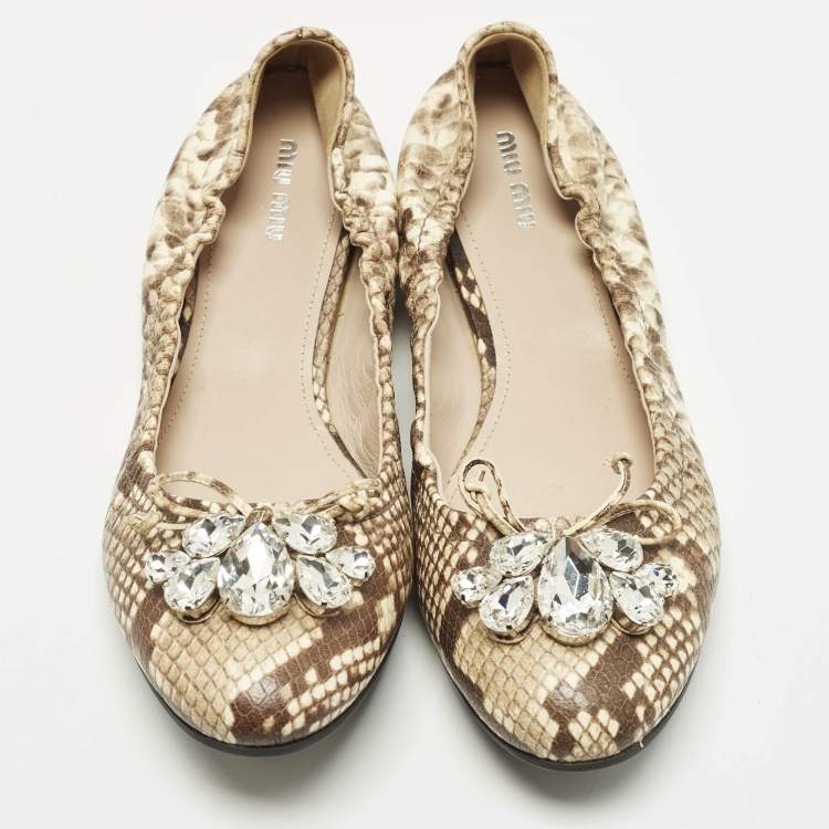 Pre Owned Miu Miu Size 41 Brown/Beige  Python Embossed  Crystal Embellished Scrunch Ballet Flats