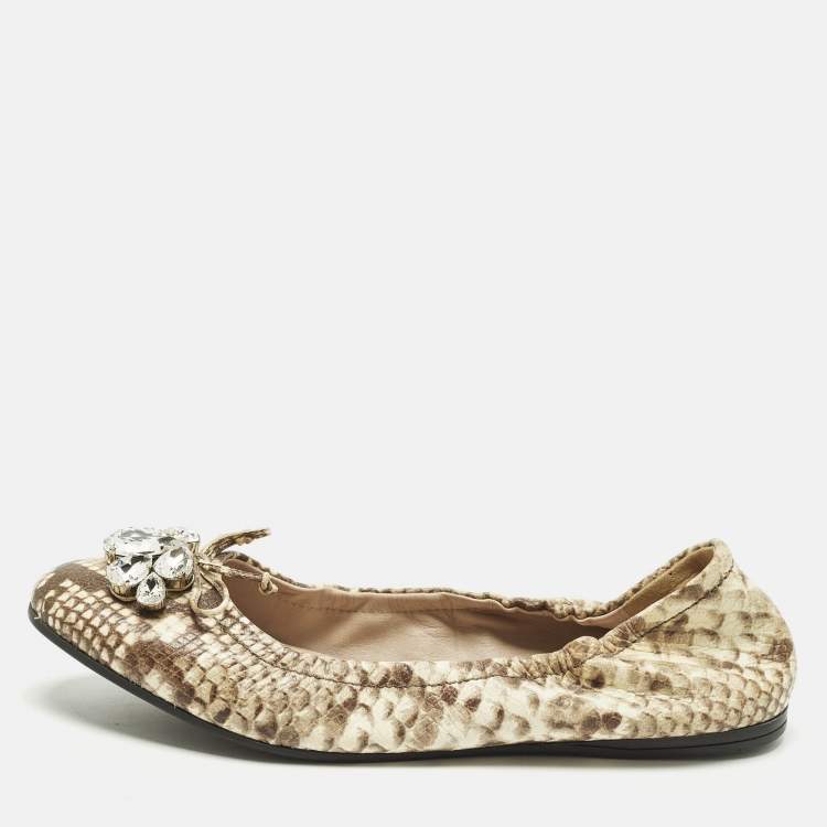Pre Owned Miu Miu Size 41 Brown/Beige  Python Embossed  Crystal Embellished Scrunch Ballet Flats