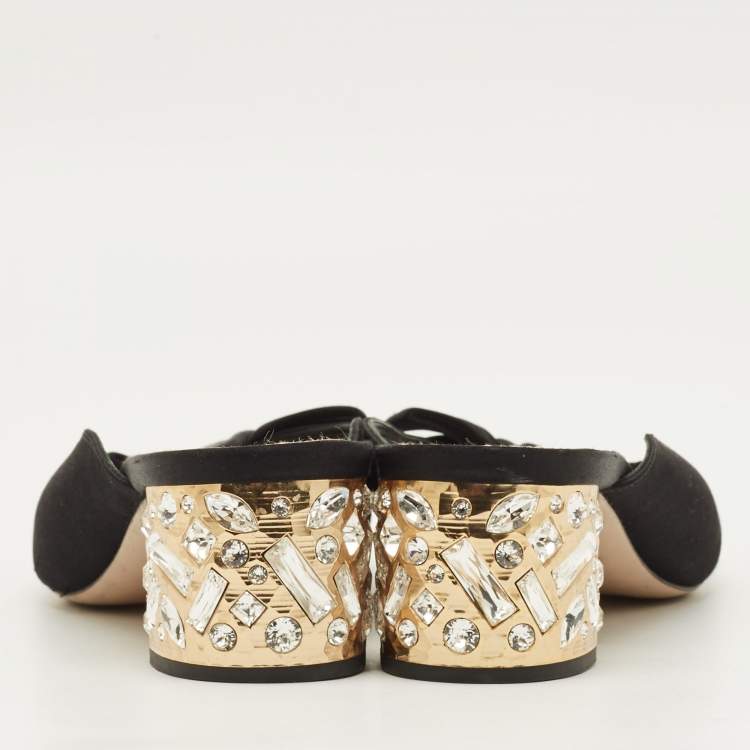 Pre Owned Miu Miu Size 39.5 Black Satin Bow Crystal Embellished Block Heel Slide Sandals