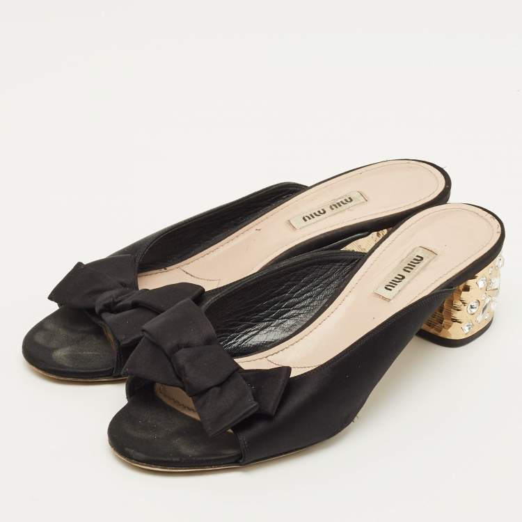 Pre Owned Miu Miu Size 39.5 Black Satin Bow Crystal Embellished Block Heel Slide Sandals