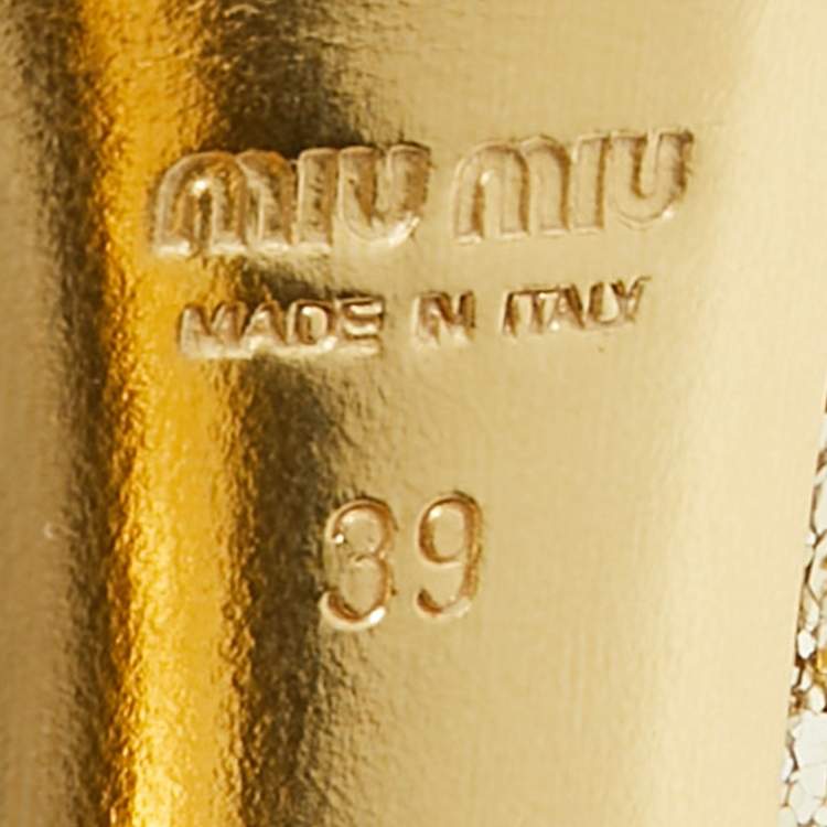 Pre Owned Miu Miu Size 39 Gold Glitter Peep Toe Platform Pumps