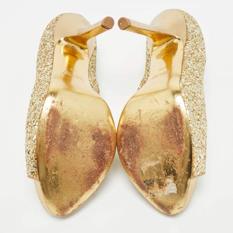 Pre Owned Miu Miu Size 39 Gold Glitter Peep Toe Platform Pumps