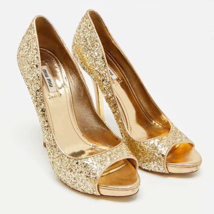 Pre Owned Miu Miu Size 39 Gold Glitter Peep Toe Platform Pumps