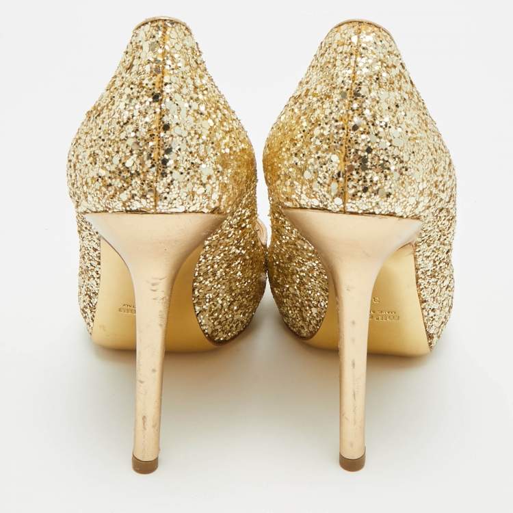 Pre Owned Miu Miu Size 39 Gold Glitter Peep Toe Platform Pumps