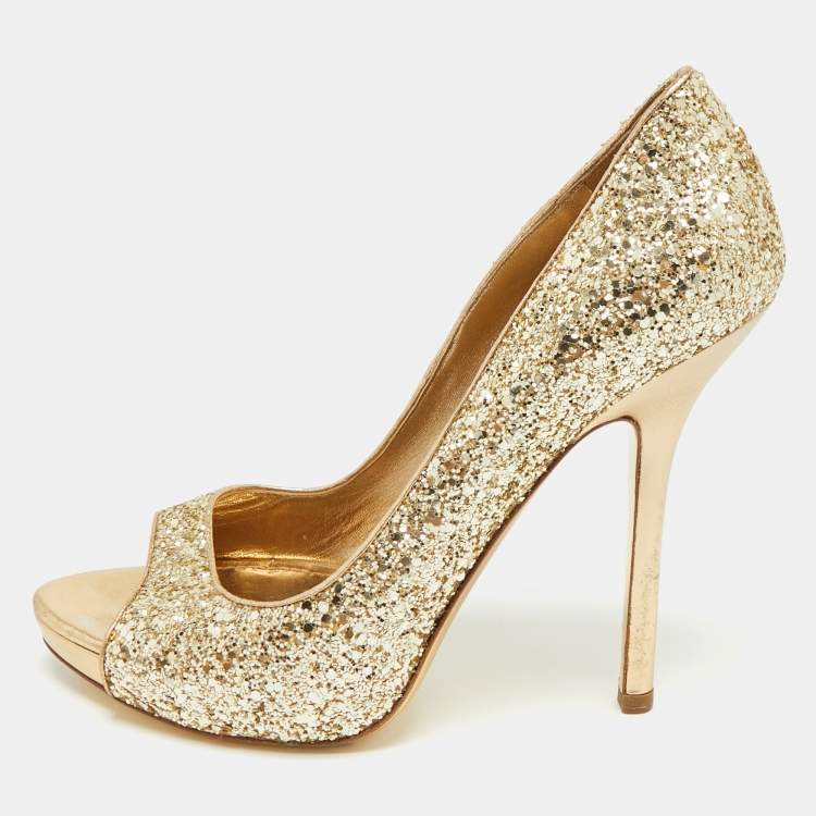 Pre Owned Miu Miu Size 39 Gold Glitter Peep Toe Platform Pumps