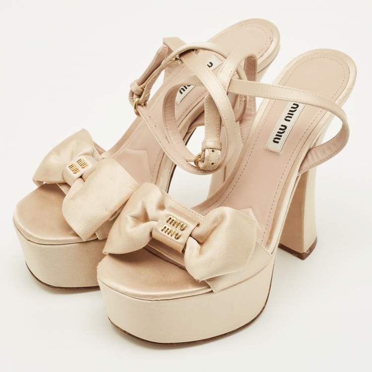 Pre Owned Miu Miu Size 36 Beige Satin Logo Bow Platform Ankle Strap Sandals