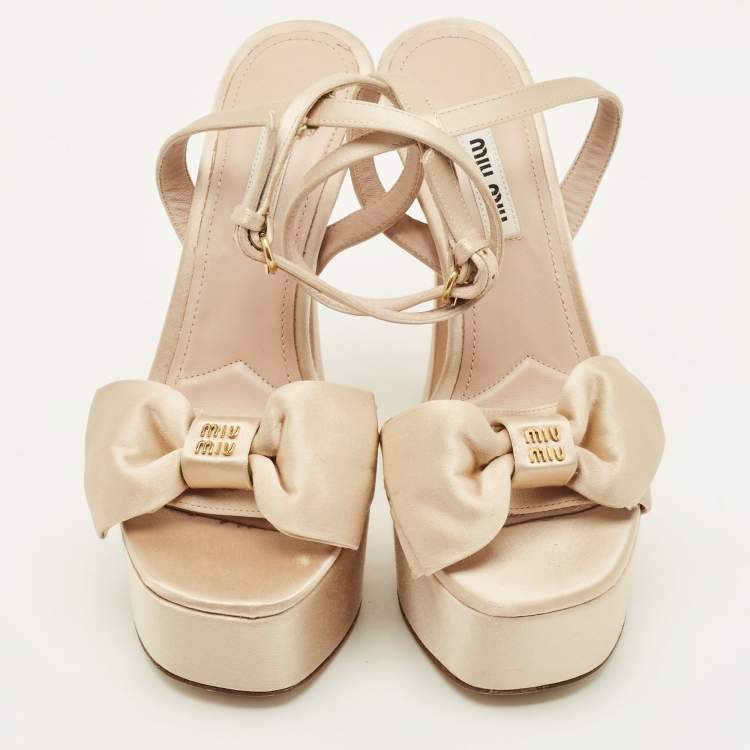 Pre Owned Miu Miu Size 36 Beige Satin Logo Bow Platform Ankle Strap Sandals