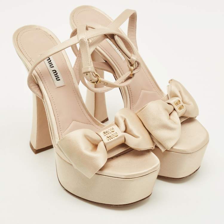 Pre Owned Miu Miu Size 36 Beige Satin Logo Bow Platform Ankle Strap Sandals