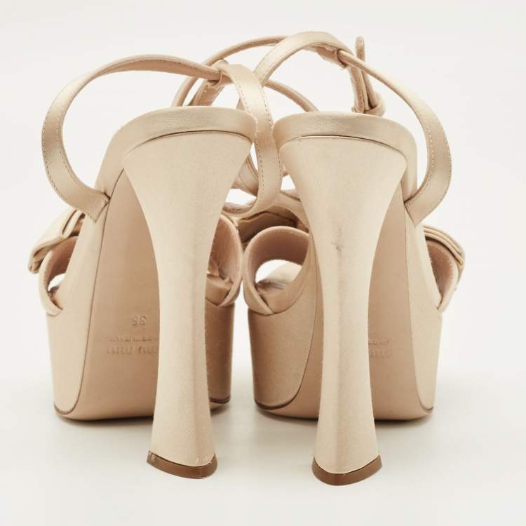 Pre Owned Miu Miu Size 36 Beige Satin Logo Bow Platform Ankle Strap Sandals