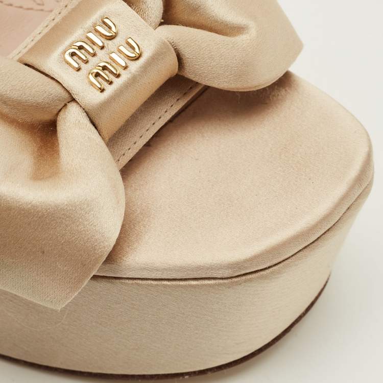 Pre Owned Miu Miu Size 36 Beige Satin Logo Bow Platform Ankle Strap Sandals