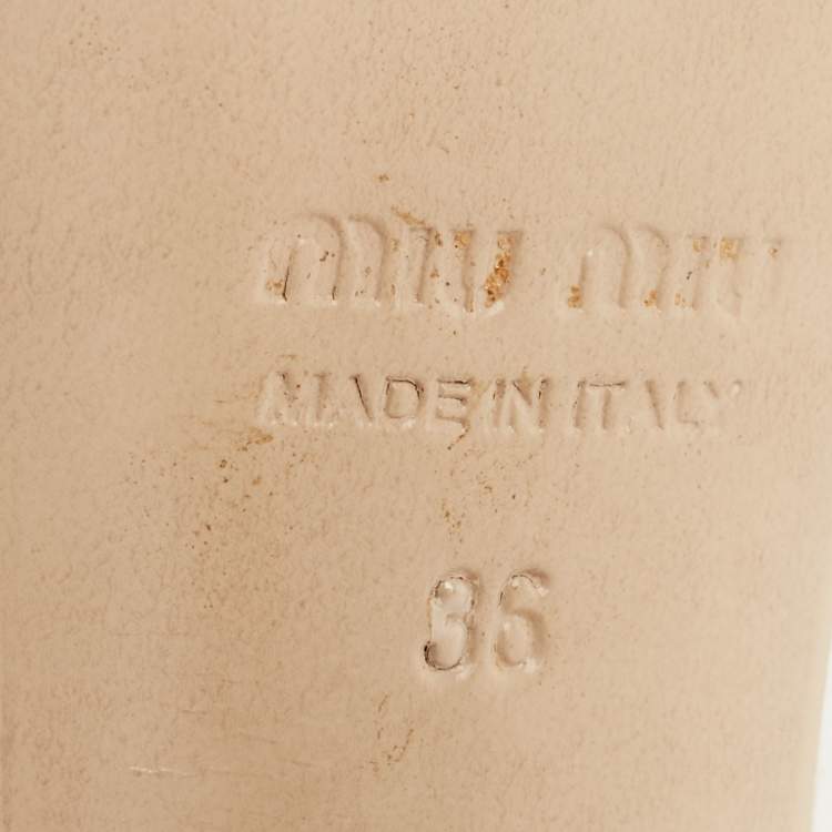 Pre Owned Miu Miu Size 36 Beige Satin Logo Bow Platform Ankle Strap Sandals