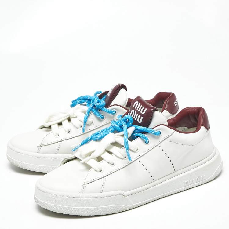 Pre Owned Miu Miu Double Lace Size 41 White Leather Lace Up Sneakers