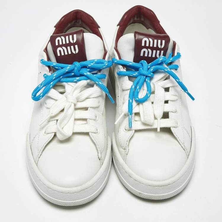 Pre Owned Miu Miu Double Lace Size 41 White Leather Lace Up Sneakers