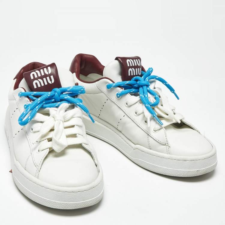 Pre Owned Miu Miu Double Lace Size 41 White Leather Lace Up Sneakers