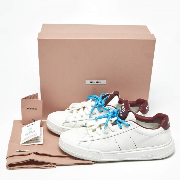 Pre Owned Miu Miu Double Lace Size 41 White Leather Lace Up Sneakers