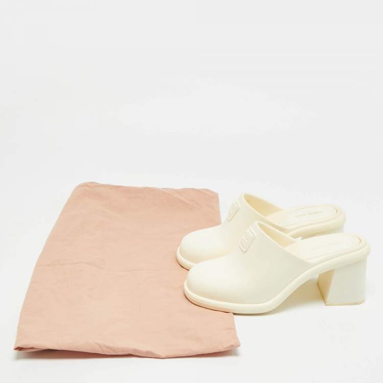 Pre Owned Miu Miu Size 36 Cream Rubber Logo Clogs Block Heel Mules