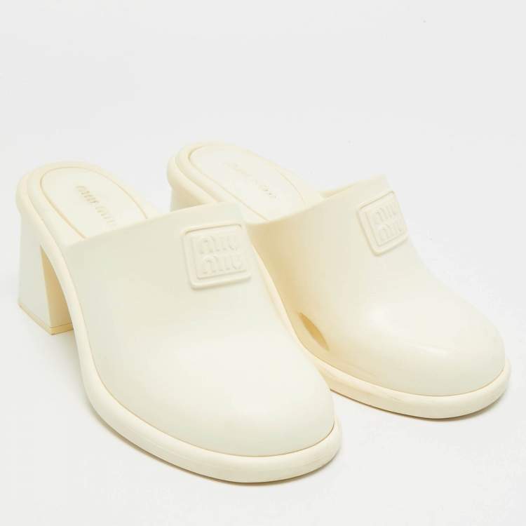 Pre Owned Miu Miu Size 36 Cream Rubber Logo Clogs Block Heel Mules