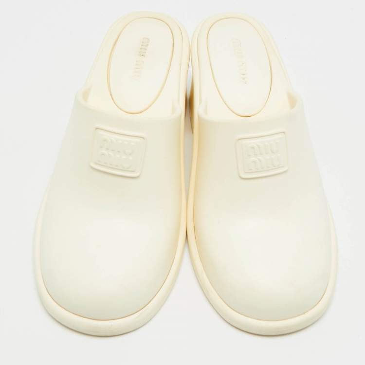Pre Owned Miu Miu Size 36 Cream Rubber Logo Clogs Block Heel Mules