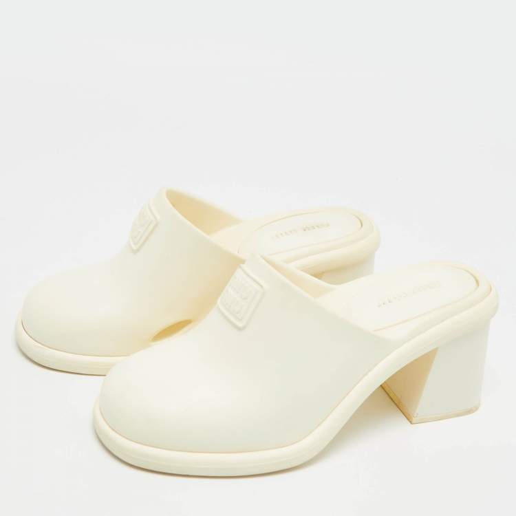 Pre Owned Miu Miu Size 36 Cream Rubber Logo Clogs Block Heel Mules